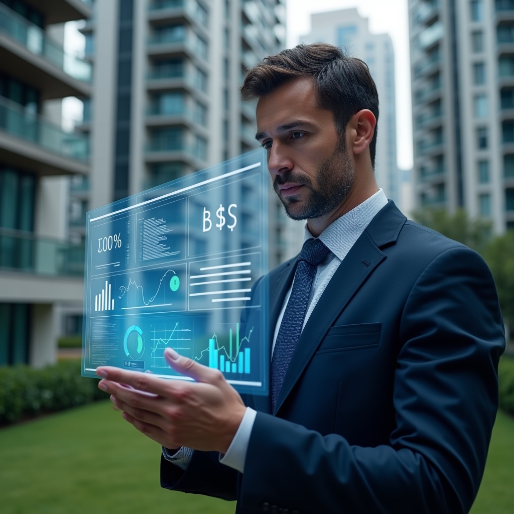 Ultra-realistic condominium manager in a dark blue suit, set in a modern luxury condominium environment with high-rise buildings and well-kept green landscaping, mid-shot of a confident professional analyzing a holographic financial dashboard displaying cost-reduction charts and budget monitoring icons, cinematic lighting, shallow depth of field, highly detailed textures, realistic skin, photographic realism, 8k resolution --ar 1:1 --v 6