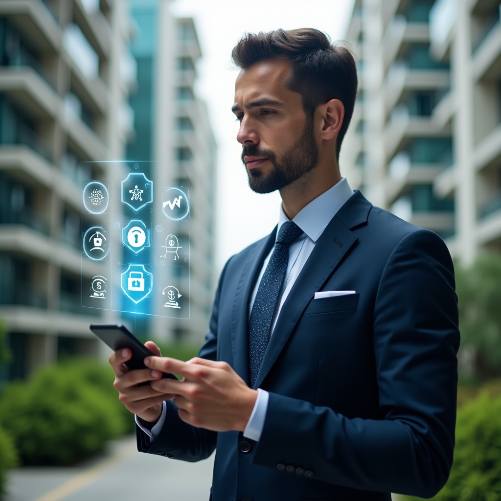 Ultra-realistic condominium manager in a navy executive suit, set in a modern luxury condominium environment with high-rise buildings and lush green landscaping, holding a smartphone displaying a holographic checklist of seven errors, pointing thoughtfully at the floating app interface, translucent icons of data security and system integration surrounding them, cinematic lighting, shallow depth of field, highly detailed textures, realistic skin, photographic realism, 8k resolution --ar 1:1 --v 6