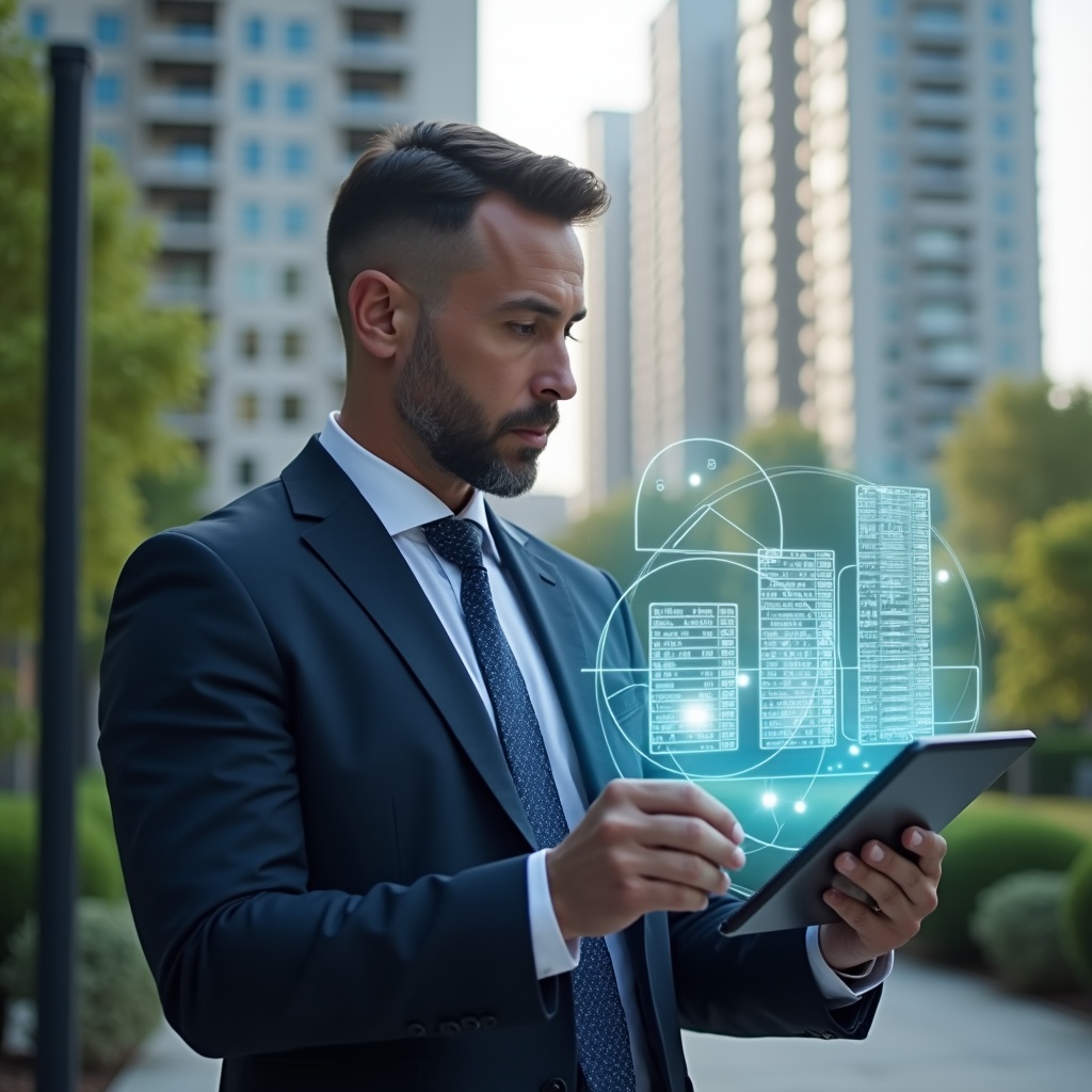 (Ultra-realistic condominium manager in a navy executive suit, set in a modern luxury condominium environment with high-rise buildings and manicured greenery in the background, mid-shot reviewing financial documents on a tablet with holographic ledgers and charts floating beside them, focused and confident expression, cinematic lighting, shallow depth of field, highly detailed textures, realistic skin, photographic realism, 8k resolution --ar 1:1 --v 6)