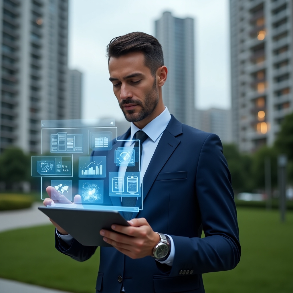 (Ultra-realistic condominium manager in a navy blue executive suit, set in a modern luxury condominium environment with high-rise buildings and manicured green landscaping, holding a tablet displaying holographic dashboards and analytics graphs, interacting with floating digital icons representing smart management tools, confident expression, cinematic lighting, shallow depth of field, highly detailed textures, realistic skin, photographic realism, 8k resolution --ar 1:1 --v 6)