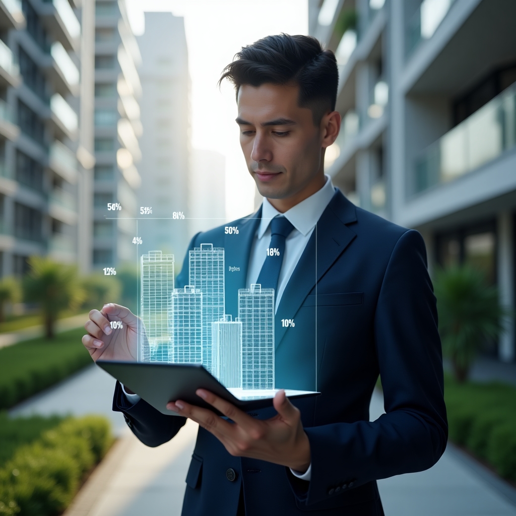 (Ultra-realistic condominium manager in a navy suit, set in a modern luxury condominium environment with high-rise buildings and manicured green landscaping, holding a transparent holographic 3D building model with floating percentage icons and reviewing calculations on a tablet, analytical and confident expression, cinematic lighting, shallow depth of field, highly detailed textures, realistic skin, photographic realism, 8k resolution --ar 1:1 --v 6)