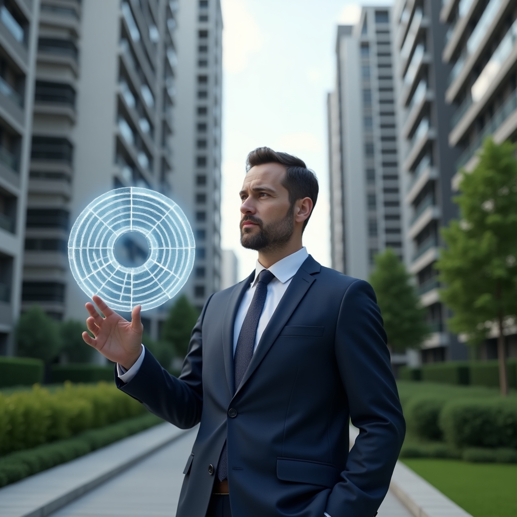 Ultra-realistic condominium manager in a navy executive suit, set in a modern luxury condominium environment with high-rise buildings and manicured green landscaping, examining a floating holographic pie chart showing unit percentage allocations, confident and thoughtful expression, cinematic lighting, shallow depth of field, highly detailed textures, realistic skin, photographic realism, 8k resolution --ar 1:1 --v 6