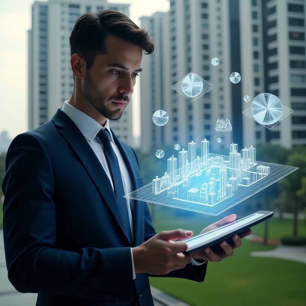Ultra-realistic condominium manager in a navy suit, set in a modern luxury condominium environment with high-rise buildings and meticulously landscaped greenery, analyzing a holographic 3D model of unit fractions projected from a tablet, floating percentage icons and partitioned building diagrams surrounding them, confident and focused expression, cinematic lighting, shallow depth of field, highly detailed textures, realistic skin, photographic realism, 8k resolution --ar 1:1 --v 6
