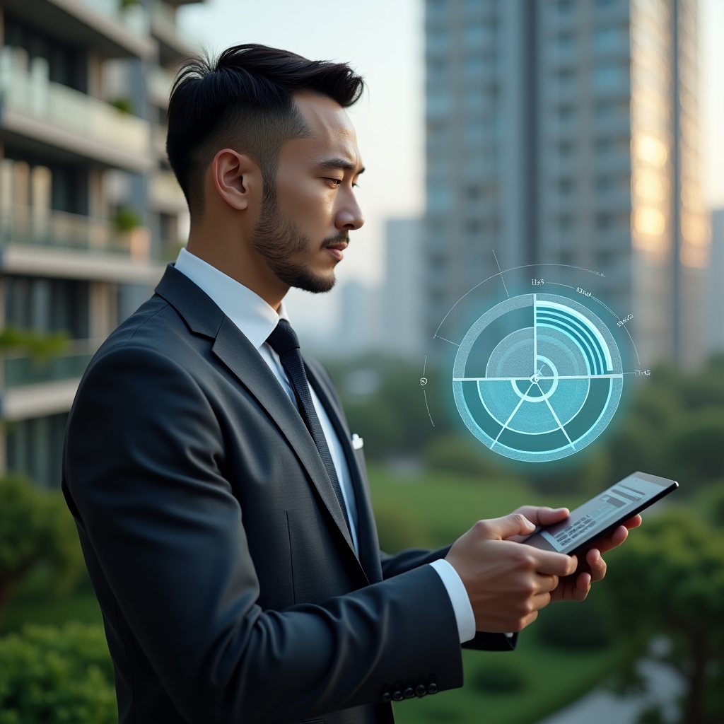 (Ultra-realistic condo manager in a charcoal business suit, set in a modern luxury condominium environment with high-rise buildings and manicured green landscaping, examining a floating holographic pie chart of unit fractions above a sleek tablet, thoughtful and confident expression, cinematic lighting, shallow depth of field, highly detailed textures, realistic skin, photographic realism, 8k resolution --ar 1:1 --v 6)