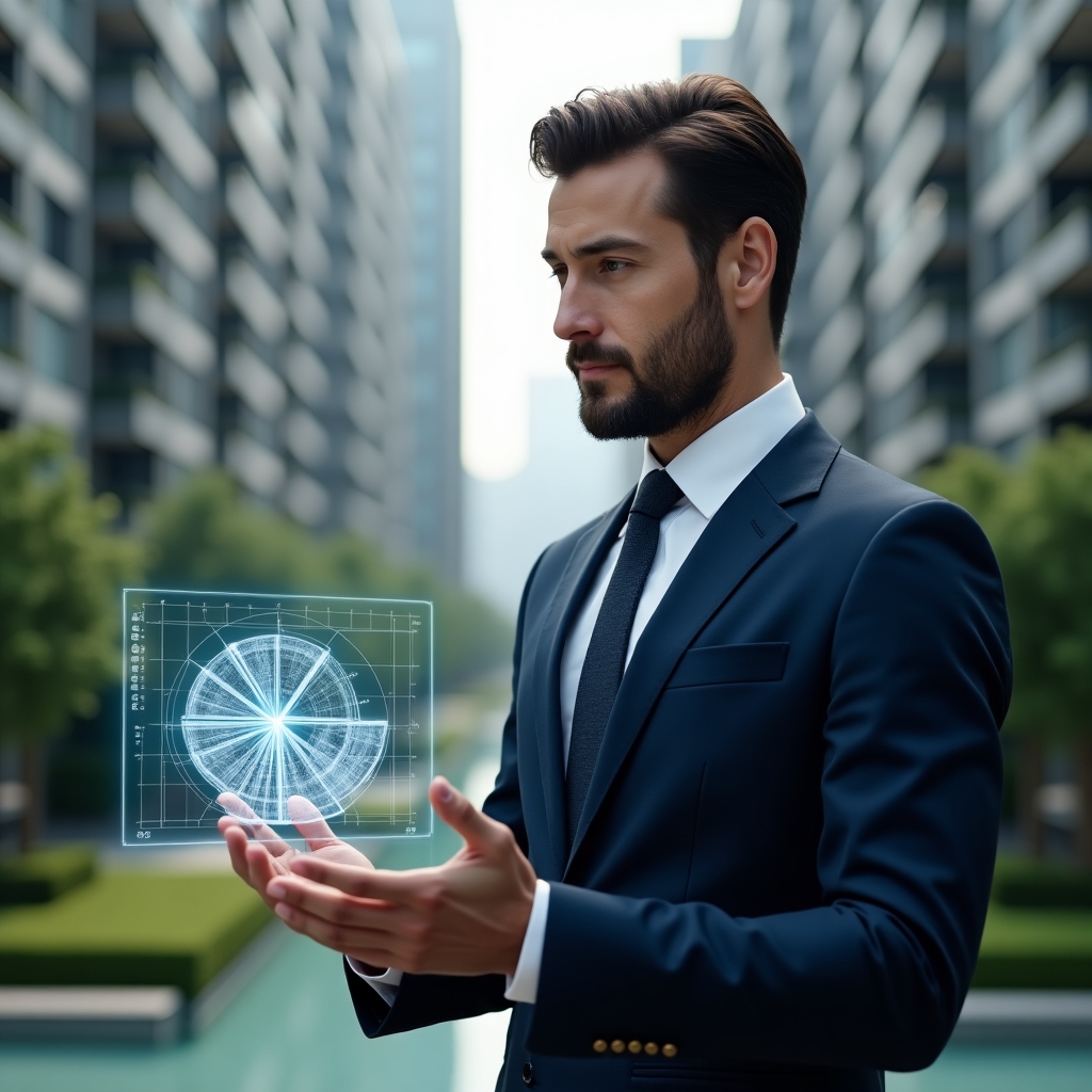 (Ultra-realistic condominium manager in a tailored navy suit, set in a modern luxury condominium environment with high-rise buildings and manicured green landscaping, examining a holographic pie chart overlay representing unit fractions and cost distribution, holographic building blueprint floating beside them, confident and focused expression, cinematic lighting, shallow depth of field, highly detailed textures, realistic skin, photographic realism, 8k resolution --ar 1:1 --v 6)