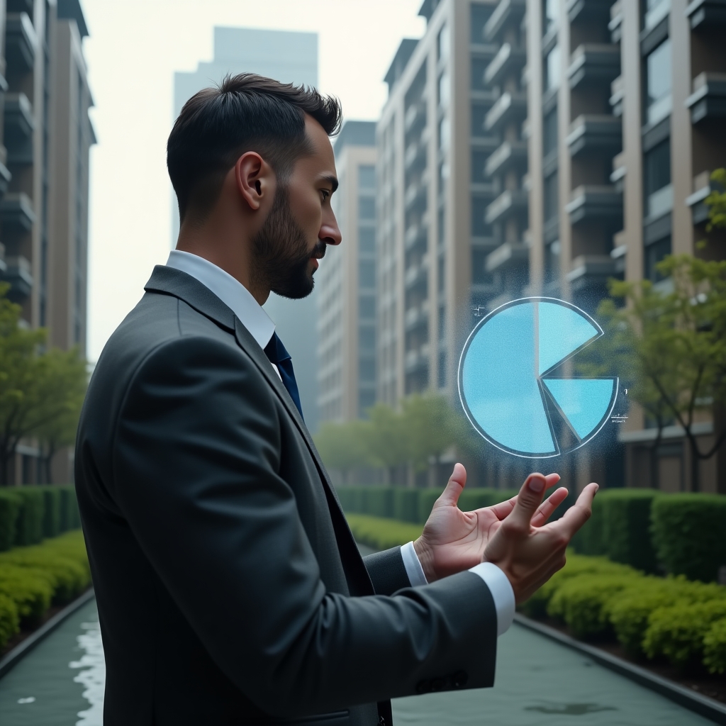 Ultra-realistic condominium manager in a charcoal gray suit, set in a modern luxury condominium environment with high-rise buildings and manicured greenery, examining a floating holographic pie chart illustrating fractional ownership, thoughtful expression, cinematic lighting, shallow depth of field, highly detailed textures, realistic skin, photographic realism, 8k resolution --ar 1:1 --v 6