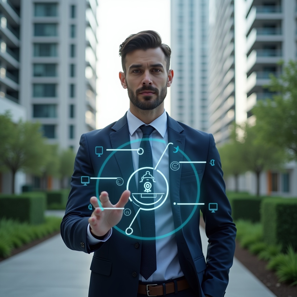 (Ultra-realistic condominium manager in a navy executive suit, set in a modern luxury condominium environment with high-rise buildings and lush green landscaping, mid-shot of the manager interacting with a floating holographic interface displaying icons for communication, finance, reservations, security and maintenance, confident and focused expression, cinematic lighting, shallow depth of field, highly detailed textures, realistic skin, photographic realism, 8k resolution --ar 1:1 --v 6)