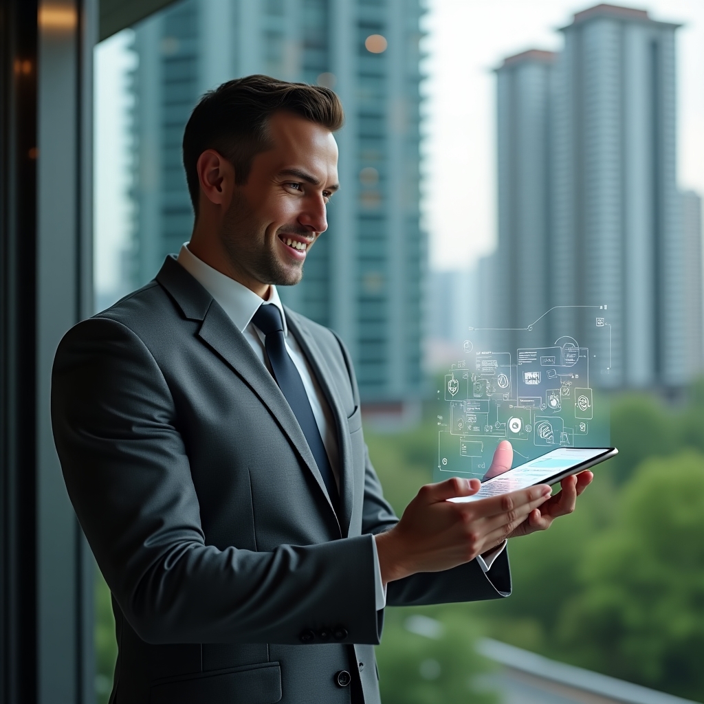 Ultra-realistic condominium manager in a tailored gray executive suit, set in a modern luxury condominium environment with high-rise buildings and lush green landscaping, holding a transparent holographic tablet displaying icons for messaging, finance, reservations, security, and reports, confidently analyzing the interface, subtle smile of satisfaction, cinematic lighting, shallow depth of field, highly detailed textures, realistic skin, photographic realism, 8k resolution --ar 1:1 --v 6