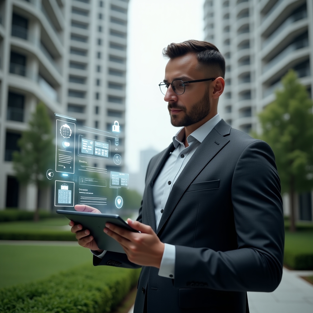 (Ultra-realistic condominium manager in a tailored dark gray suit, set in a modern luxury condominium environment with high-rise buildings and manicured green landscaping, examining a digital tablet with a holographic dashboard of building management tasks, floating icons of calendar, chat bubbles and maintenance tools around them, confident and focused expression, cinematic lighting, shallow depth of field, highly detailed textures, realistic skin, photographic realism, 8k resolution --ar 1:1 --v 6)