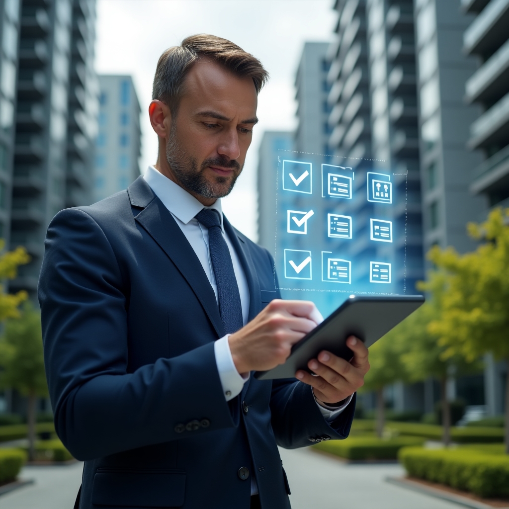 Ultra-realistic property manager in a navy executive suit, set in a modern luxury condominium environment with high-rise buildings and manicured green landscaping, reviewing a digital tablet displaying holographic check-lists and task icons, confident and focused expression, floating translucent condominium and checklist holograms around them, cinematic lighting, shallow depth of field, highly detailed textures, realistic skin, photographic realism, 8k resolution --ar 1:1 --v 6