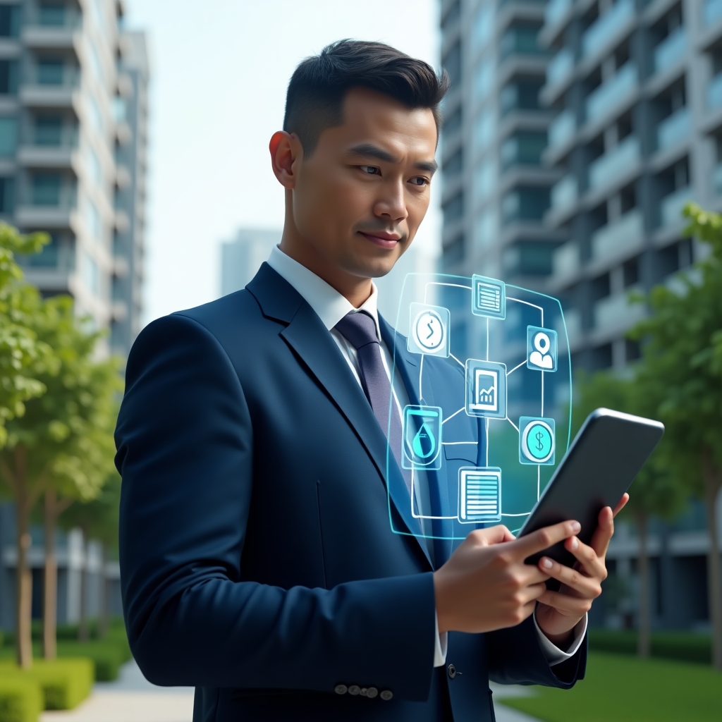(Ultra-realistic condominium manager in a navy blue suit, set in a modern luxury condominium environment with high-rise buildings and pristine green landscaping, holding a digital tablet displaying a holographic building management interface, confident and focused expression, floating icons of financial charts and service requests around them, cinematic lighting, shallow depth of field, highly detailed textures, realistic skin, photographic realism, 8k resolution --ar 1:1 --v 6)