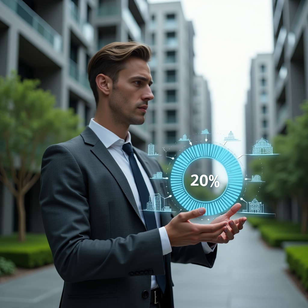 (Ultra-realistic condominium manager in a charcoal gray suit, set in a modern luxury condominium environment with high-rise buildings and manicured green landscaping, examining a floating holographic pie chart displaying percentage allocations, confident and focused expression, holographic icons of buildings and voting ballots subtly integrated, cinematic lighting, shallow depth of field, highly detailed textures, realistic skin, photographic realism, 8k resolution --ar 1:1 --v 6)