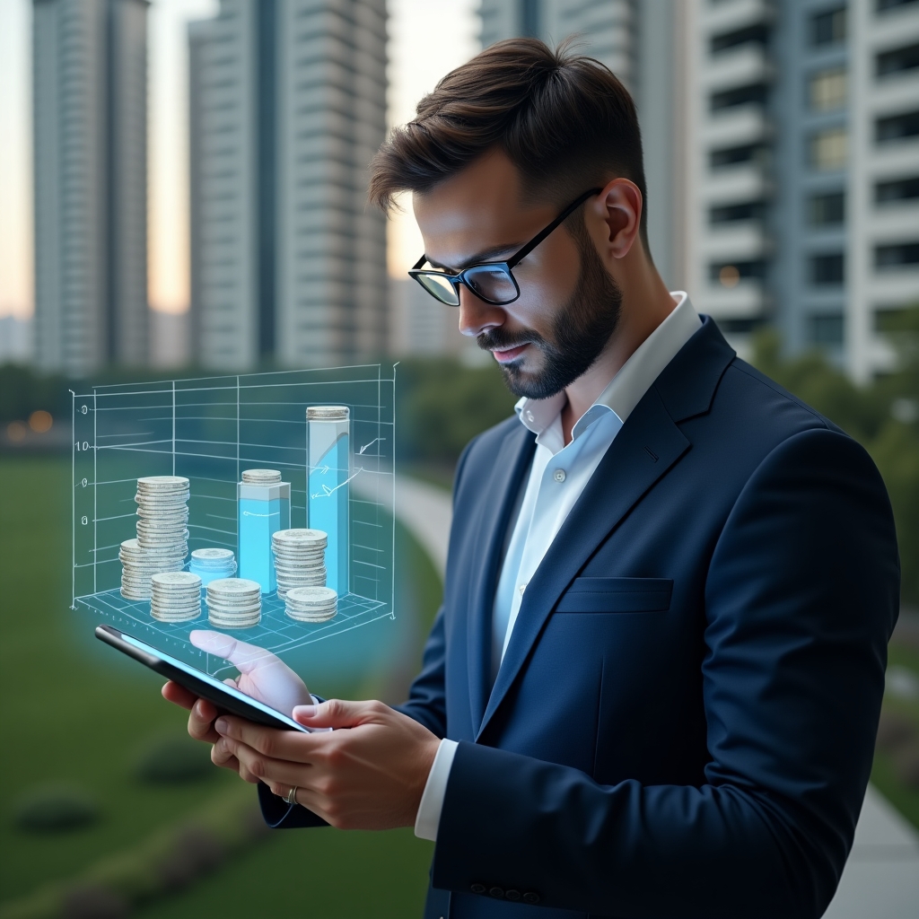 Ultra-realistic condominium manager in a navy blue suit, set in a modern luxury condominium environment with high-rise buildings and meticulously landscaped greens, analyzing a holographic budget chart projected from a tablet, floating icons of coins and document stacks symbolizing ordinary and extraordinary expenses, confident expression, cinematic lighting, shallow depth of field, highly detailed textures, realistic skin, photographic realism, 8k resolution --ar 1:1 --v 6