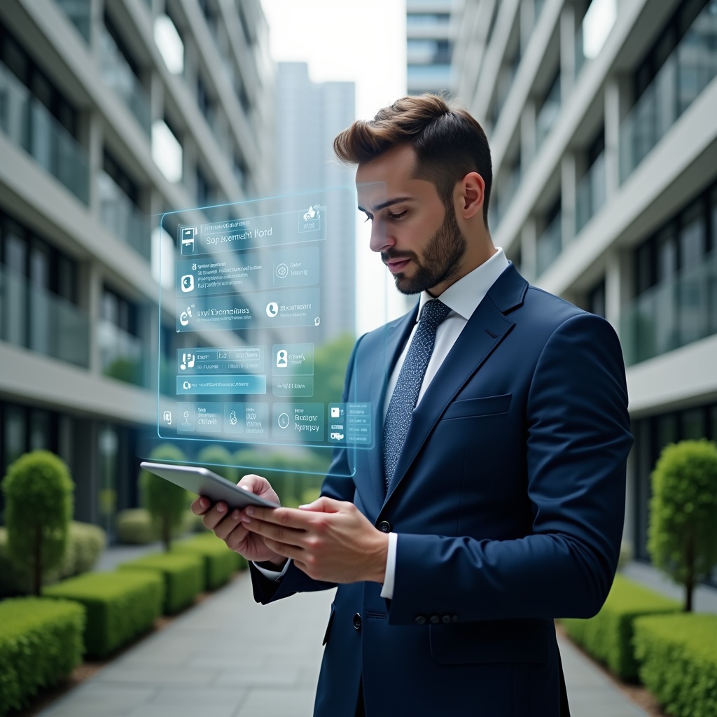 Ultra-realistic condominium manager in a tailored navy suit, set in a modern luxury condominium environment with high-rise buildings and manicured green landscaping, holding a tablet and thoughtfully analyzing a holographic interface showing finance charts, message bubbles, and calendar reservations, futuristic icons floating around, confident expression, cinematic lighting, shallow depth of field, highly detailed textures, realistic skin, photographic realism, 8k resolution --ar 1:1 --v 6