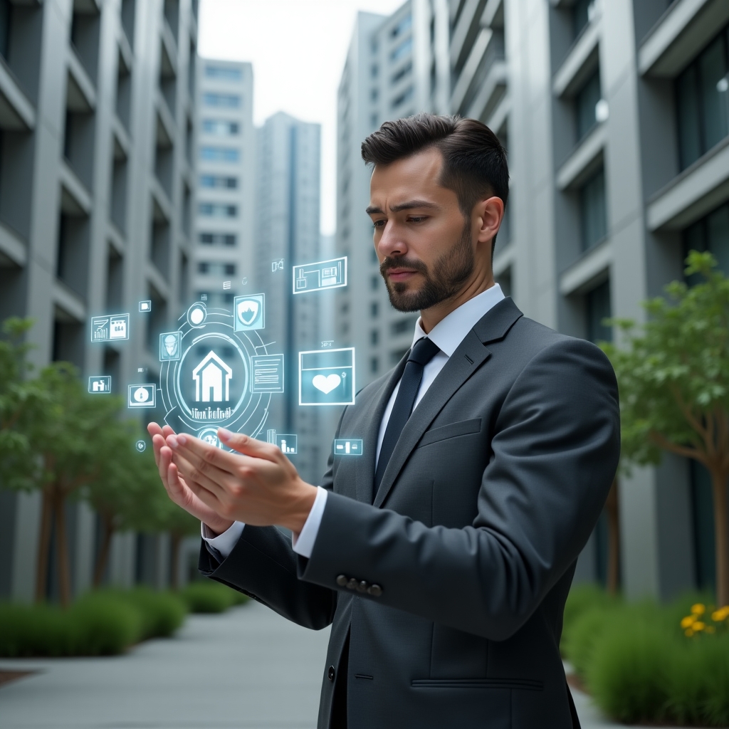 Ultra-realistic condominium manager in a charcoal gray executive suit, set in a modern luxury condominium environment with high-rise buildings and meticulously landscaped greenery, examining a transparent holographic interface displaying building icons, security shields, and chat bubbles, confident and focused expression, cinematic lighting, shallow depth of field, highly detailed textures, realistic skin, photographic realism, 8k resolution --ar 1:1 --v 6