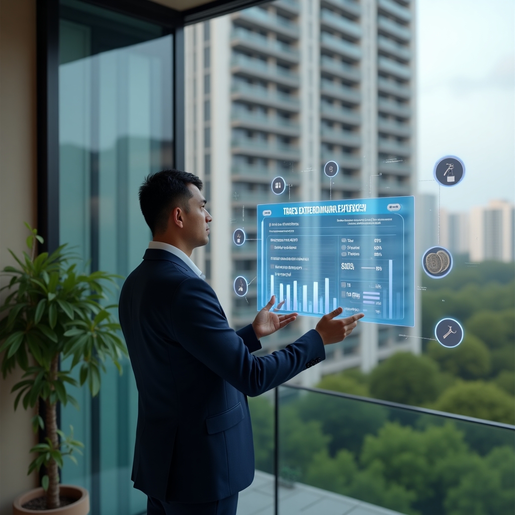 Ultra-realistic condominium manager in a tailored navy suit, set in a modern luxury condominium environment with high-rise buildings and manicured green landscaping, standing in a sleek office balcony, confidently analyzing a holographic financial chart displaying “ordinary vs extraordinary expenses,” floating icons of coins and repair tools around him, cinematic lighting, shallow depth of field, highly detailed textures, realistic skin, photographic realism, 8k resolution --ar 1:1 --v 6