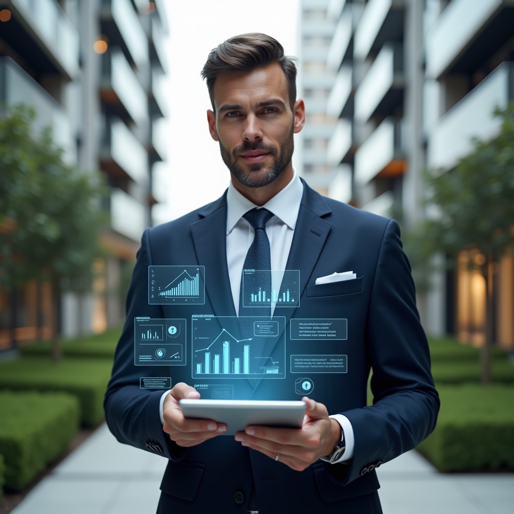 Ultra-realistic property manager in a tailored navy suit, set in a modern luxury condominium environment with high-rise buildings and manicured greenery, holding a digital tablet displaying a holographic dashboard of financial charts and resident messages, confident and focused expression, floating icons of graphs and chat bubbles around the device, cinematic lighting, shallow depth of field, highly detailed textures, realistic skin, photographic realism, 8k resolution --ar 1:1 --v 6