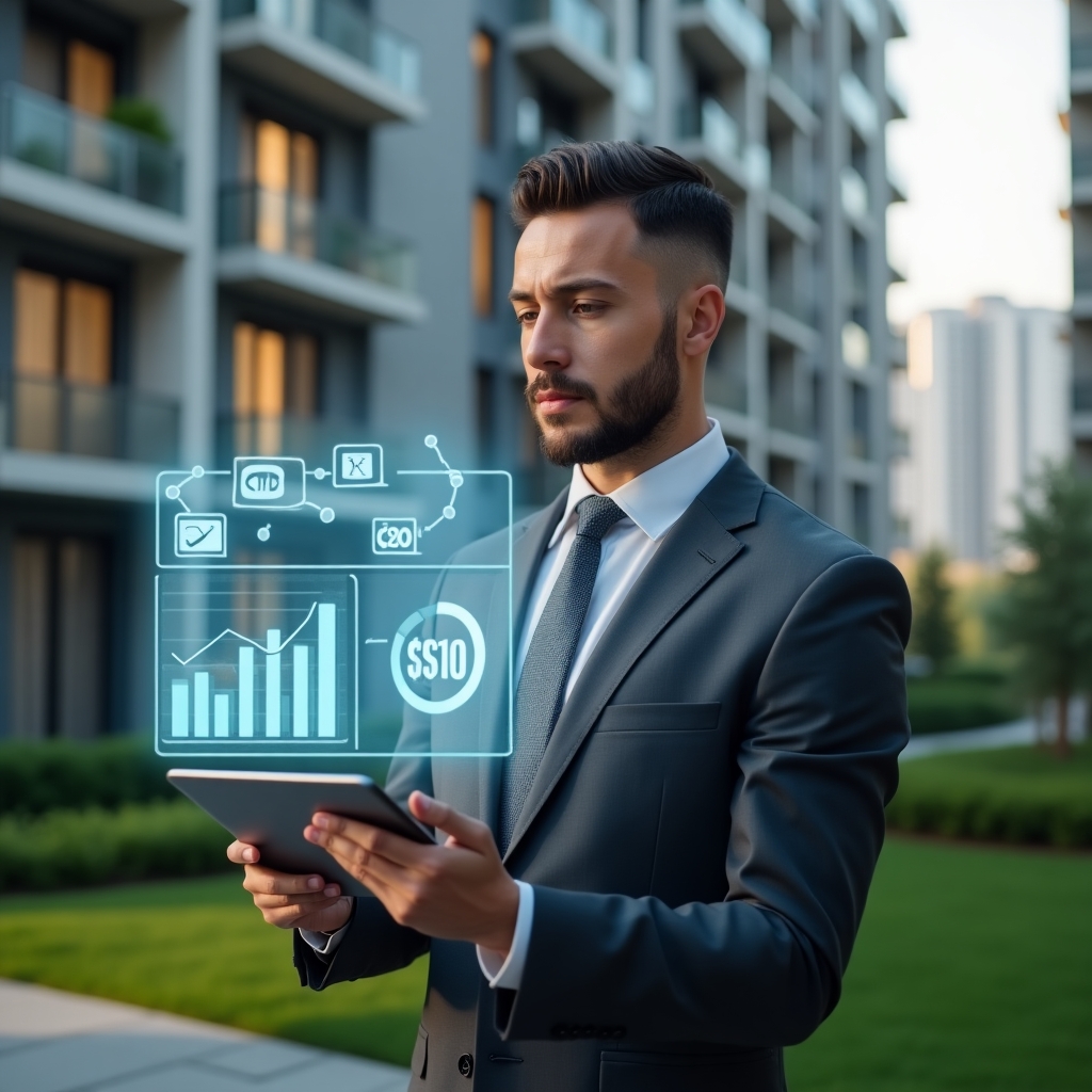 Ultra-realistic condominium manager in a charcoal suit, set in a modern luxury condominium environment with high-rise buildings and manicured green landscaping, holding a digital tablet displaying holographic expense charts and approval checkmarks, thoughtful and confident expression, floating budget icons and document symbols around, cinematic lighting, shallow depth of field, highly detailed textures, realistic skin, photographic realism, 8k resolution --ar 1:1 --v 6