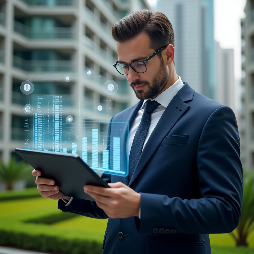 Ultra-realistic condominium manager in a navy executive suit, set in a modern luxury condominium environment with high-rise buildings and manicured green landscaping, analyzing a holographic spreadsheet of ordinary and extraordinary expenses with floating 3D icons of coins and bar charts, confident and focused expression, cinematic lighting, shallow depth of field, highly detailed textures, realistic skin, photographic realism, 8k resolution --ar 1:1 --v 6