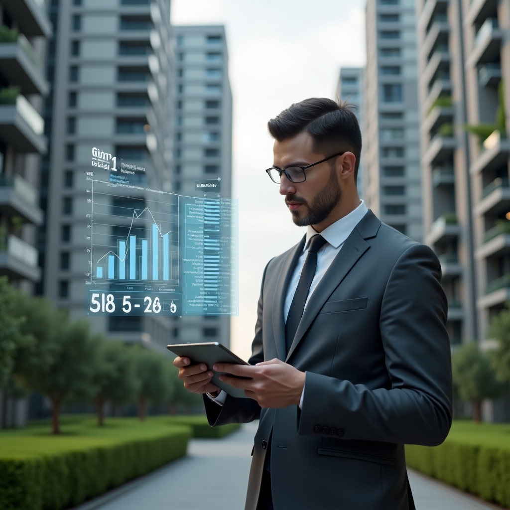(Ultra-realistic condominium manager in a charcoal gray suit, set in a modern luxury condominium environment with high-rise buildings and manicured green landscaping, holding a digital tablet while holographic financial charts and balance sheets float around, analyzing reports with a confident, focused expression, cinematic lighting, shallow depth of field, highly detailed textures, realistic skin, photographic realism, 8k resolution --ar 1:1 --v 6)