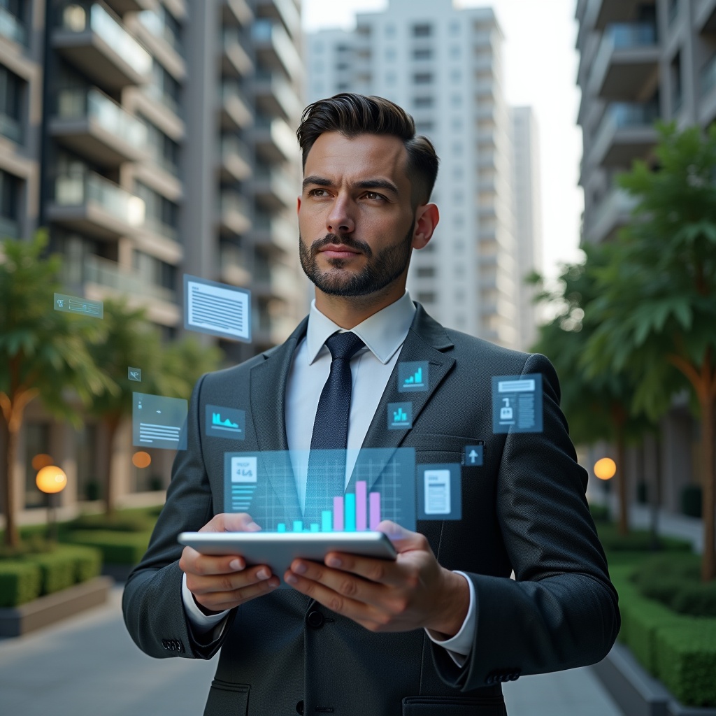 Ultra-realistic condominium manager in a charcoal gray suit, set in a modern luxury condominium environment with high-rise buildings and manicured green landscaping, holding a transparent tablet displaying holographic financial charts and receipts, analyzing data with a confident expression, floating icons of receipts and bar charts around, cinematic lighting, shallow depth of field, highly detailed textures, realistic skin, photographic realism, 8k resolution --ar 1:1 --v 6