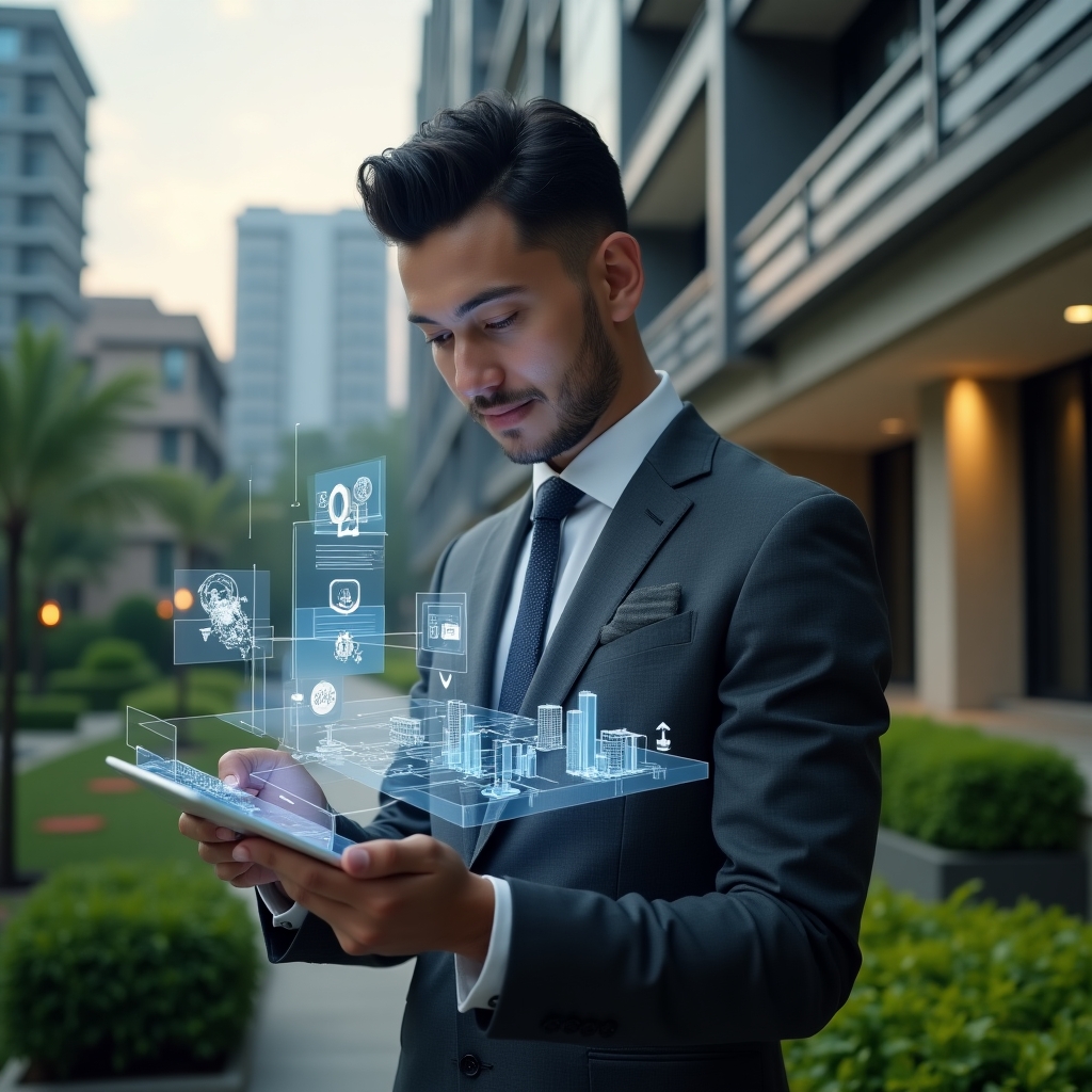 (Ultra-realistic condominium manager in a charcoal gray tailored suit, set in a modern luxury condominium environment with high-rise buildings and manicured green landscaping, analyzing a digital tablet displaying a holographic floor plan and budget charts, floating efficiency metrics and calendar icons as thematic visual elements, confident and focused expression, cinematic lighting, shallow depth of field, highly detailed textures, realistic skin, photographic realism, 8k resolution --ar 1:1 --v 6)