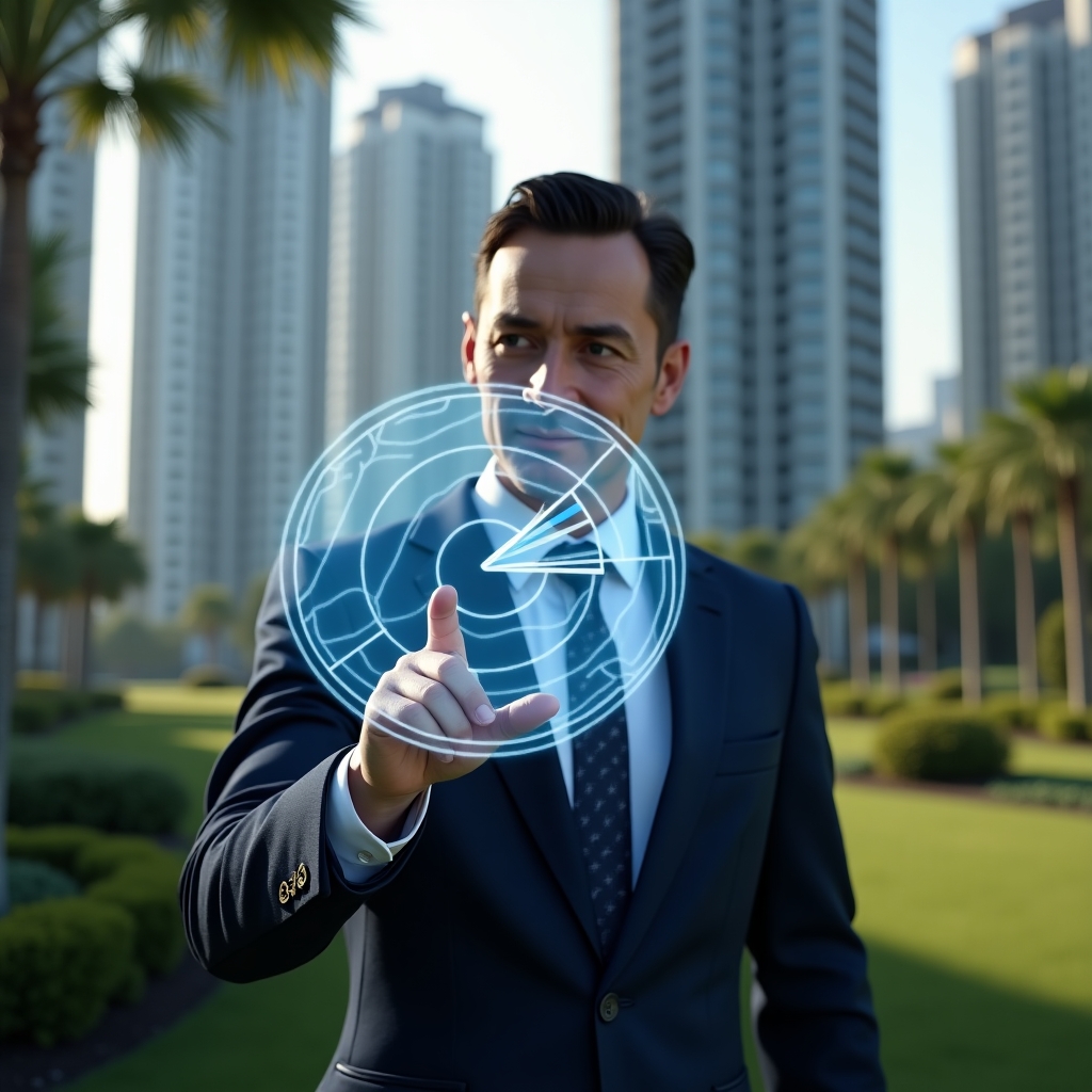 Ultra-realistic condominium manager in a navy suit, set in a modern luxury condominium environment with high-rise buildings and meticulously landscaped greenery, confidently analyzing a floating holographic pie chart showing unit fractions and percentages, cinematic lighting, shallow depth of field, highly detailed textures, realistic skin, photographic realism, 8k resolution --ar 1:1 --v 6