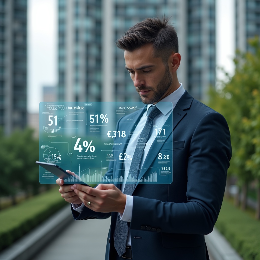 Ultra-realistic condominium manager in a navy executive suit, set in a modern luxury condominium environment with high-rise buildings and manicured green landscaping, analyzing holographic financial charts displaying 12 KPI metrics, confident and focused expression, symbolic floating icons of graphs and currency symbols, cinematic lighting, shallow depth of field, highly detailed textures, realistic skin, photographic realism, 8k resolution --ar 1:1 --v 6
