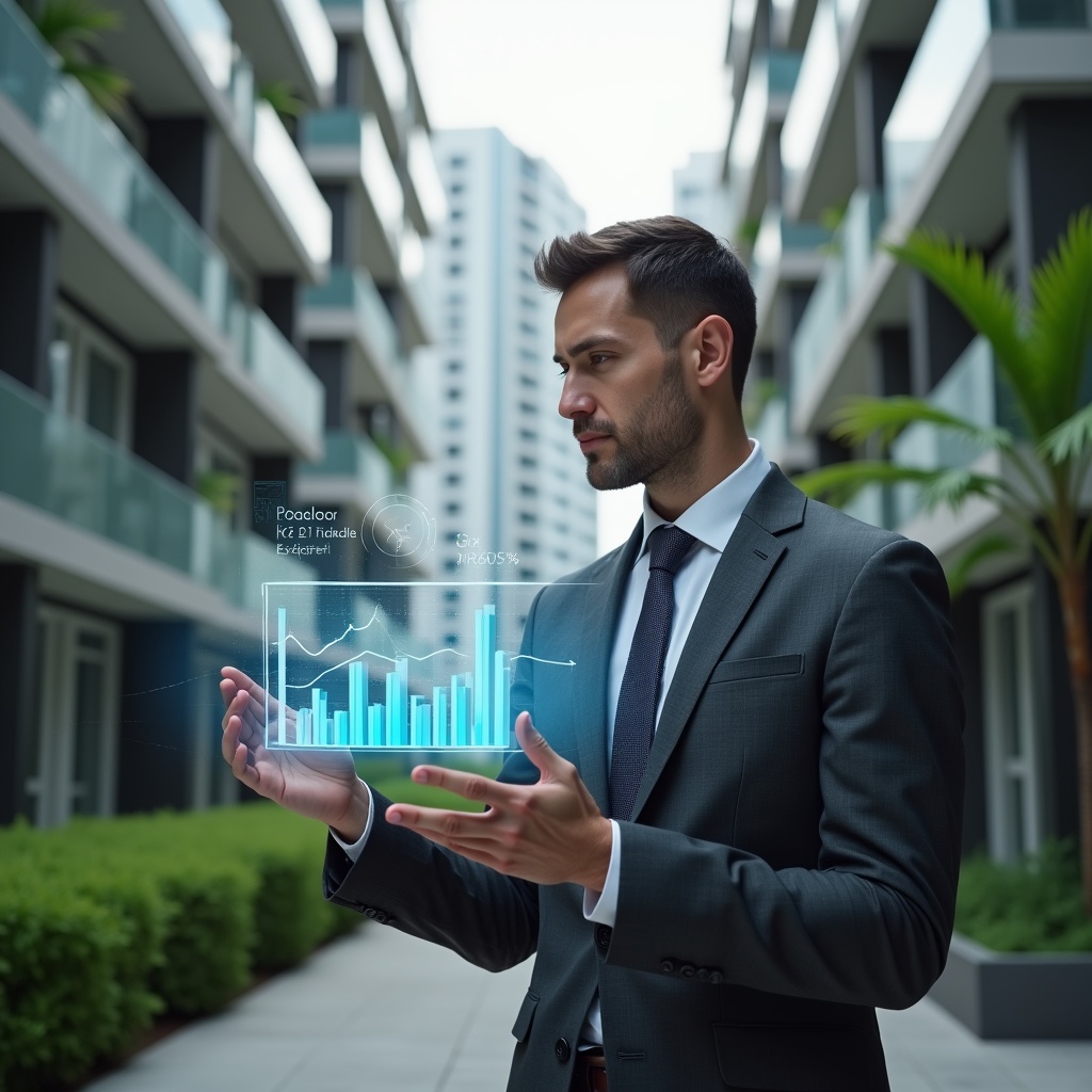 (Ultra-realistic condominium manager in a charcoal gray executive suit, set in a modern luxury condominium environment with high-rise buildings and manicured green landscaping, mid-shot of a confident professional analyzing holographic bar charts and floating KPI graphs representing key metrics, cinematic lighting, shallow depth of field, highly detailed textures, realistic skin, photographic realism, 8k resolution --ar 1:1 --v 6)