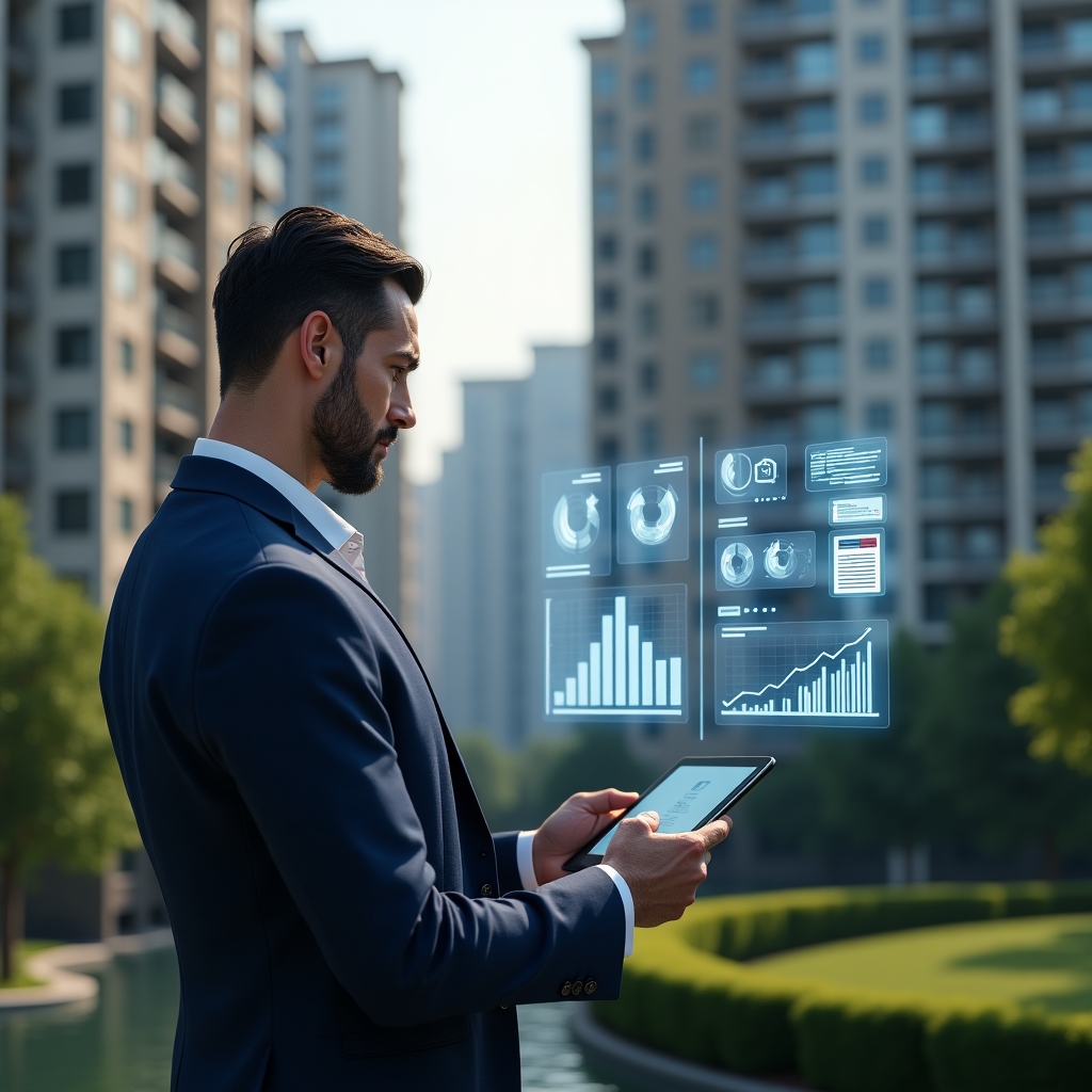 (Ultra-realistic condominium manager in a navy suit, set in a modern luxury condominium environment with high-rise buildings and meticulously landscaped gardens, reviewing holographic financial charts projected above a tablet, surrounded by floating ledger icons and document stacks, confident and focused expression, cinematic lighting, shallow depth of field, highly detailed textures, realistic skin, photographic realism, 8k resolution --ar 1:1 --v 6)