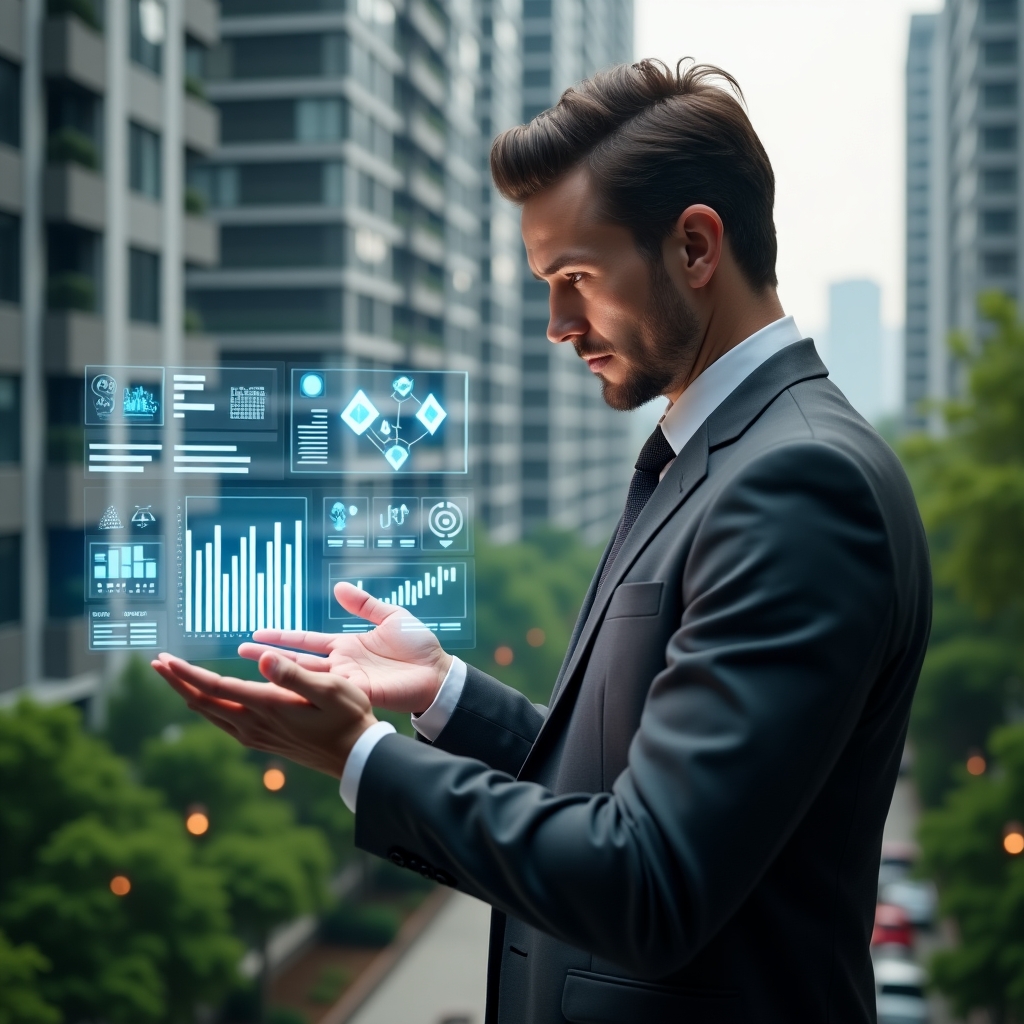 (Ultra-realistic condominium manager in a charcoal gray suit, set in a modern luxury condominium environment with high-rise buildings and lush green landscaping, analyzing a floating holographic financial dashboard displaying charts and graphs, surrounded by glowing ledger icons, confident and focused expression, cinematic lighting, shallow depth of field, highly detailed textures, realistic skin, photographic realism, 8k resolution --ar 1:1 --v 6)
