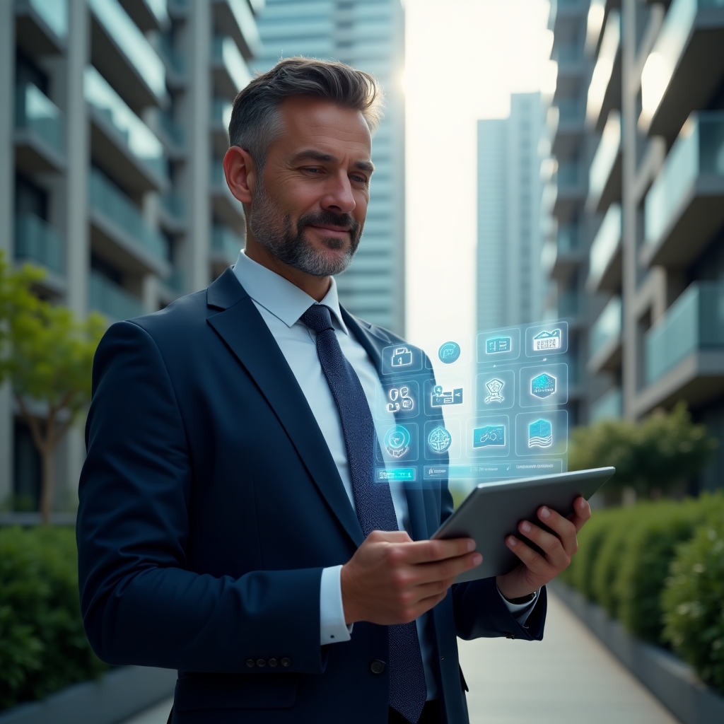 (Ultra-realistic condominium manager in a navy tailored suit, set in a modern luxury condominium environment with high-rise buildings and lush green landscaping, holding a tablet displaying a holographic condominium management dashboard, confidently analyzing data with a slight smile, glowing app icons representing an **aplicativo para condomínio** floating around the device, cinematic lighting, shallow depth of field, highly detailed textures, realistic skin, photographic realism, 8k resolution --ar 1:1 --v 6)