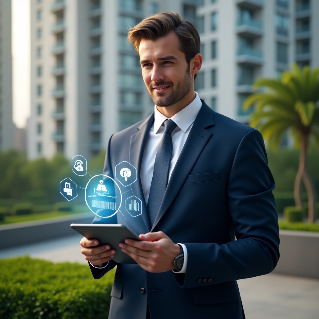 Ultra-realistic condominium manager in a dark blue executive suit, set in a modern luxury condominium environment with high-rise buildings and lush green landscaping, holding a tablet and interacting with a floating holographic interface showing app icons and data charts, confident expression, cinematic lighting, shallow depth of field, highly detailed textures, realistic skin, photographic realism, 8k resolution --ar 1:1 --v 6