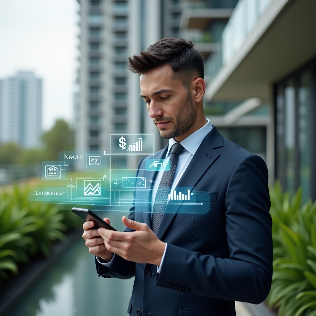 (Ultra-realistic condominium manager in a tailored navy suit, set in a modern luxury condominium environment with high-rise buildings and lush green landscaping, holding a smartphone and interacting with a holographic app interface displaying chat bubbles, transparent financial graphs and booking icons, confident expression, cinematic lighting, shallow depth of field, highly detailed textures, realistic skin, photographic realism, 8k resolution --ar 1:1 --v 6)