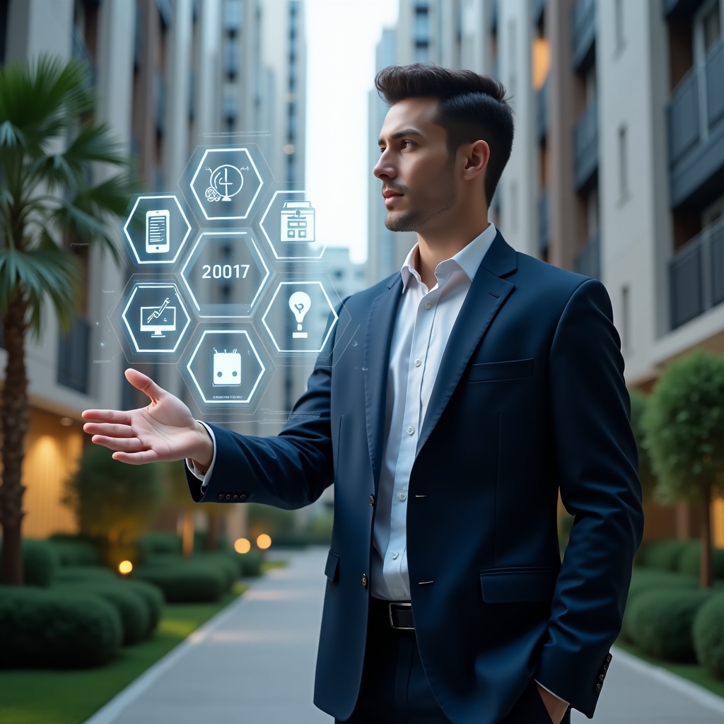 (Ultra-realistic condominium manager in a tailored navy suit, set in a modern luxury condominium environment with high-rise buildings and meticulously landscaped gardens, confidently interacting with a floating holographic interface displaying five streamlined management steps, glowing icons for resident registration, mobile app, integrated dashboard, reservation calendar, and maintenance alerts, cinematic lighting, shallow depth of field, highly detailed textures, realistic skin, photographic realism, 8k resolution --ar 1:1 --v 6)