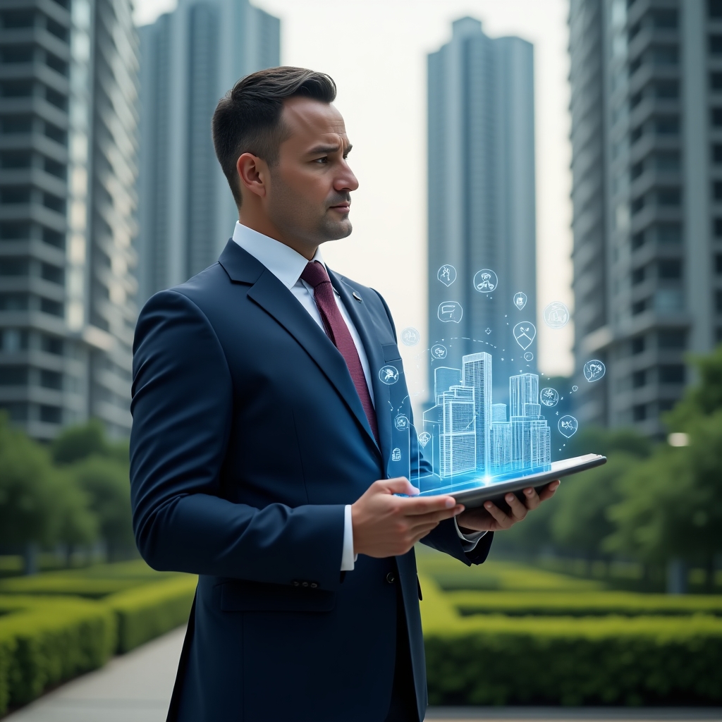 Ultra-realistic condominium manager in a navy executive suit, set in a modern luxury condominium environment with high-rise buildings and meticulously landscaped greenery in the background, holding a digital tablet displaying holographic building icons and floating transparent documents, analyzing data with a confident, forward-thinking expression, cinematic lighting, shallow depth of field, highly detailed textures, realistic skin, photographic realism, 8k resolution --ar 1:1 --v 6