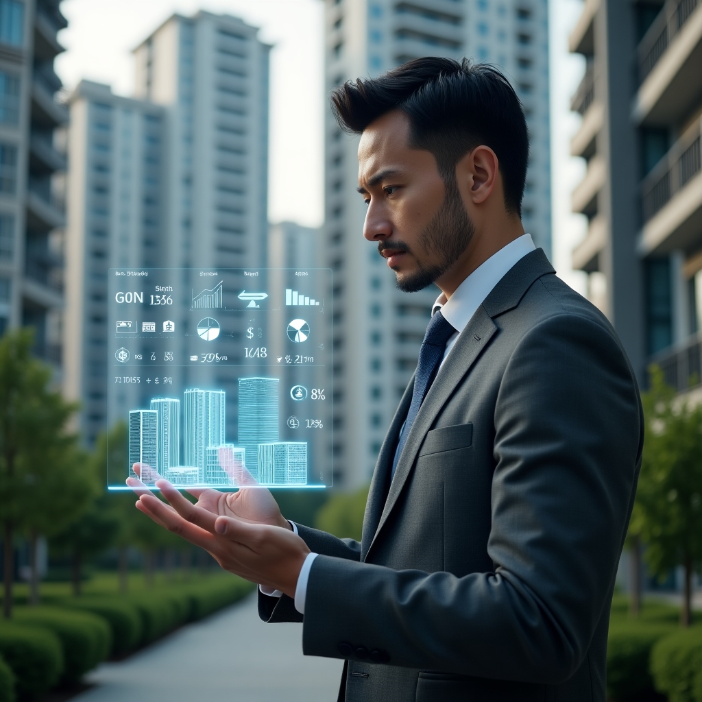 (Ultra-realistic condominium manager in a charcoal gray suit, set in a modern luxury condominium environment with high-rise buildings and manicured green landscaping, holding a transparent holographic chart showing fractional shares and expense distribution formulas, analyzing data with a thoughtful expression, futuristic holographic icons of buildings and pie charts floating beside, cinematic lighting, shallow depth of field, highly detailed textures, realistic skin, photographic realism, 8k resolution --ar 1:1 --v 6)