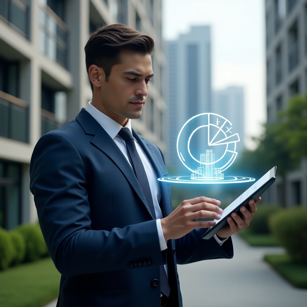 (Ultra-realistic condominium manager in a navy blue tailored suit, set in a modern luxury condominium environment with high-rise buildings and manicured green landscaping, examining a floating holographic pie chart with highlighted fractional segments and subtle building icons, analytical and confident expression, cinematic lighting, shallow depth of field, highly detailed textures, realistic skin, photographic realism, 8k resolution --ar 1:1 --v 6)