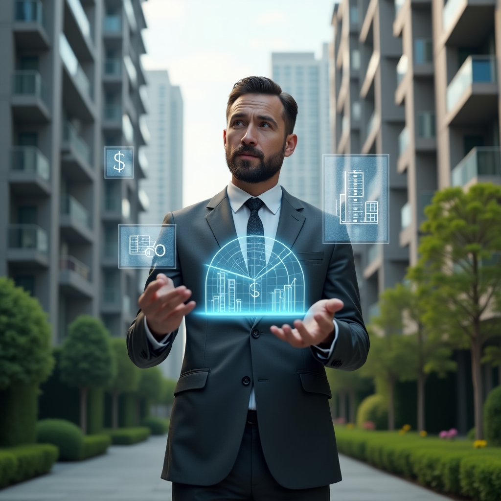Ultra-realistic condominium manager in a charcoal gray suit, set in a modern luxury condominium environment with high-rise buildings and manicured green landscaping, analyzing a floating holographic pie chart representing expense fractions, confident and thoughtful expression, holographic icons of currency symbols and building layouts hovering around, cinematic lighting, shallow depth of field, highly detailed textures, realistic skin, photographic realism, 8k resolution --ar 1:1 --v 6