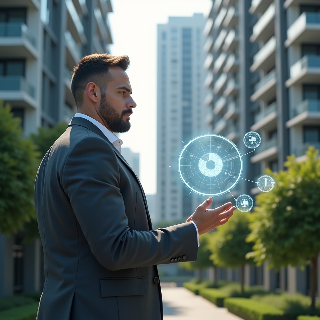 (Ultra-realistic condominium manager in a charcoal gray suit, set in a modern luxury condominium environment with high-rise buildings and manicured green landscaping, examining a floating holographic pie chart representing unit fractions, confident and focused expression, digital ledger icons subtly integrated around the hologram, cinematic lighting, shallow depth of field, highly detailed textures, realistic skin, photographic realism, 8k resolution --ar 1:1 --v 6)