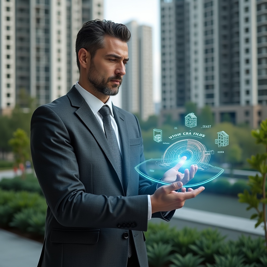 Ultra-realistic condominium manager in a charcoal gray executive suit, set in a modern luxury condominium environment with high-rise buildings and manicured green landscaping, holding a holographic pie chart that highlights fractional ownership slices, analyzing cost distribution with a thoughtful expression, subtle holographic icons of currency and building blueprints floating nearby, cinematic lighting, shallow depth of field, highly detailed textures, realistic skin, photographic realism, 8k resolution --ar 1:1 --v 6
