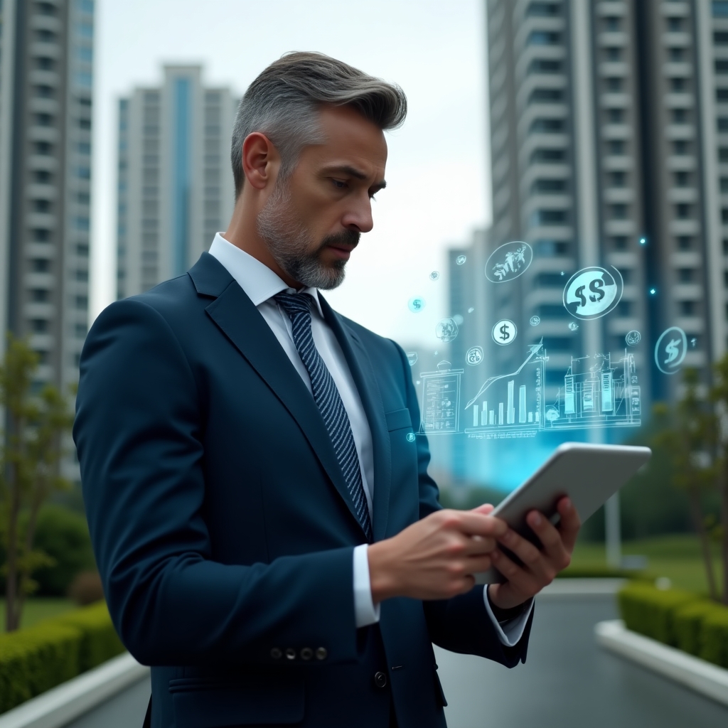 (Ultra-realistic condominium manager in a navy executive suit, set in a modern luxury condominium environment with high-rise buildings and manicured green landscaping, confidently analyzing holographic expense charts projected from a sleek tablet, floating icons of financial graphs and currency symbols surrounding them, cinematic lighting, shallow depth of field, highly detailed textures, realistic skin, photographic realism, 8k resolution --ar 1:1 --v 6)