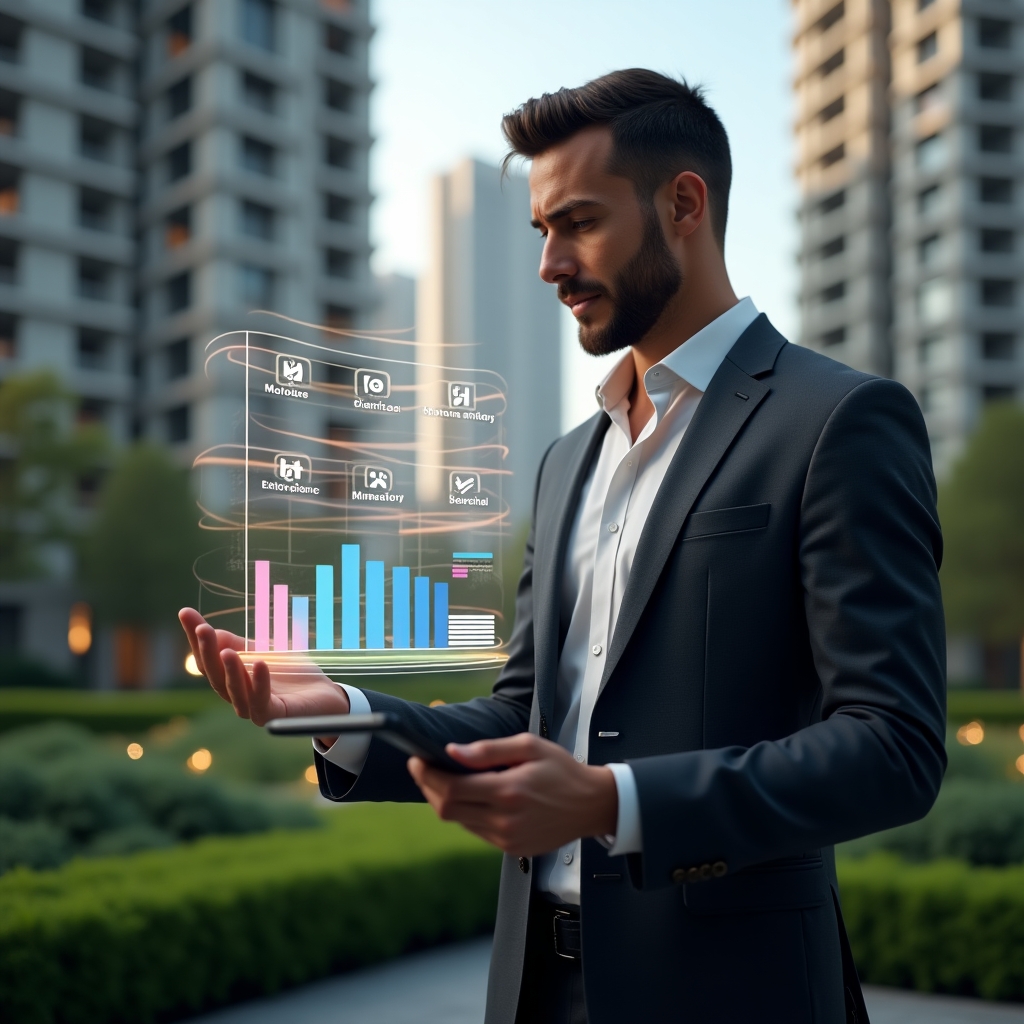 (Ultra-realistic condominium manager in a tailored charcoal suit, set in a modern luxury condominium environment with high-rise buildings and manicured green landscaping, examining a floating holographic financial chart with color-coded expense categories, projecting icons for ordinary and extraordinary costs, confident and focused expression, cinematic lighting, shallow depth of field, highly detailed textures, realistic skin, photographic realism, 8k resolution --ar 1:1 --v 6)