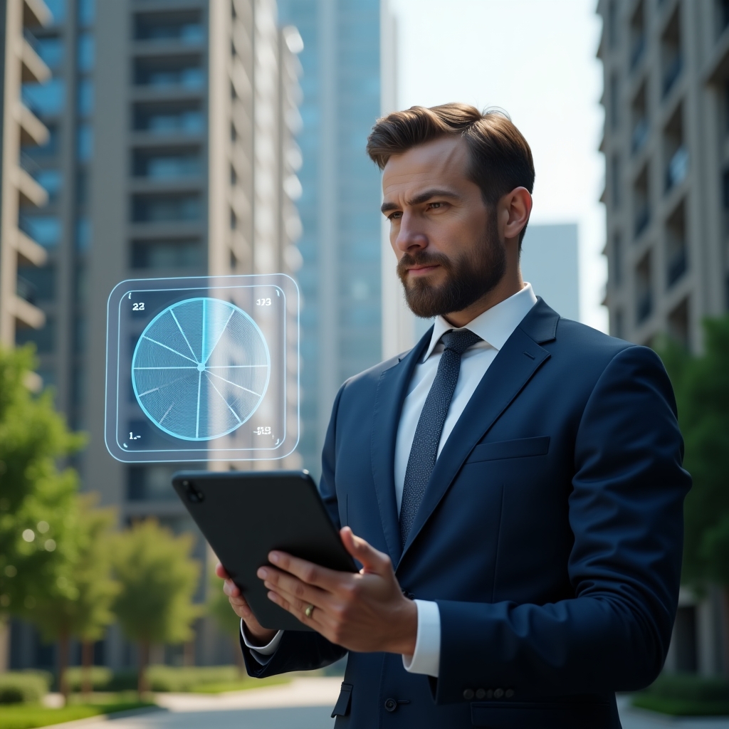 Ultra-realistic condominium manager in a sharp navy suit, set in a modern luxury condominium environment with high-rise buildings and green landscaping, examining a holographic pie chart displaying ideal fractions for cost division, holding a digital tablet showing unit quotas, cinematic lighting, shallow depth of field, highly detailed textures, realistic skin, photographic realism, 8k resolution --ar 1:1 --v 6