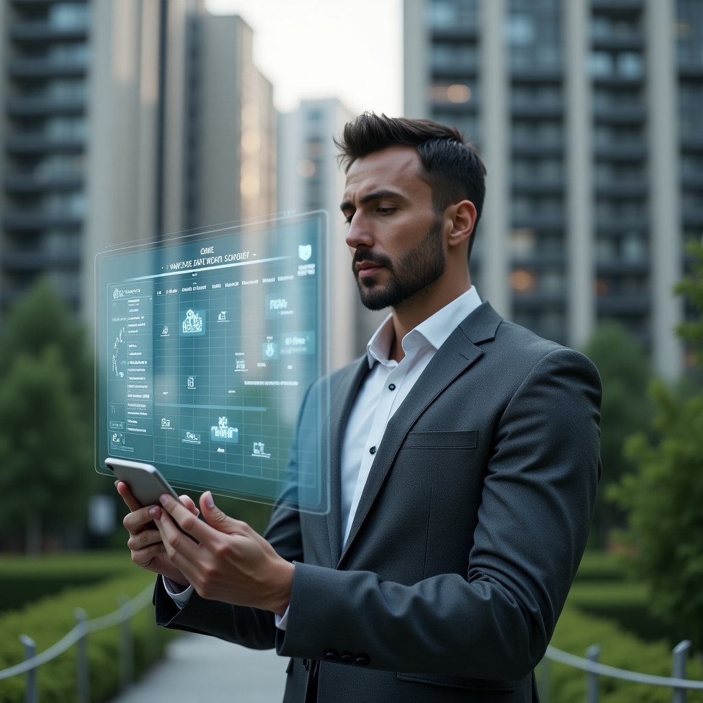 Ultra-realistic condominium manager in a charcoal gray executive suit, set in a modern luxury condominium environment with high-rise buildings and green landscaping, reviewing a holographic calendar schedule with attentive and confident expression, holographic maintenance and meeting icons floating beside him, cinematic lighting, shallow depth of field, highly detailed textures, realistic skin, photographic realism, 8k resolution --ar 1:1 --v 6