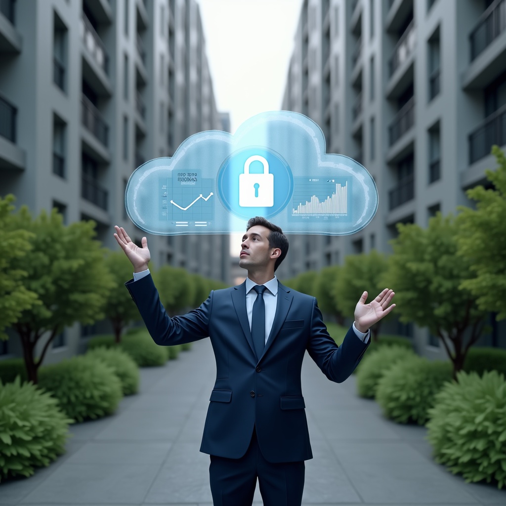 (Ultra-realistic condominium manager in a navy blue executive suit, set in a modern luxury condominium environment with high-rise buildings and lush green landscaping, confidently interacting with a floating holographic cloud interface displaying real-time data charts and a security lock icon, cinematic lighting, shallow depth of field, highly detailed textures, realistic skin, photographic realism, 8k resolution --ar 1:1 --v 6)