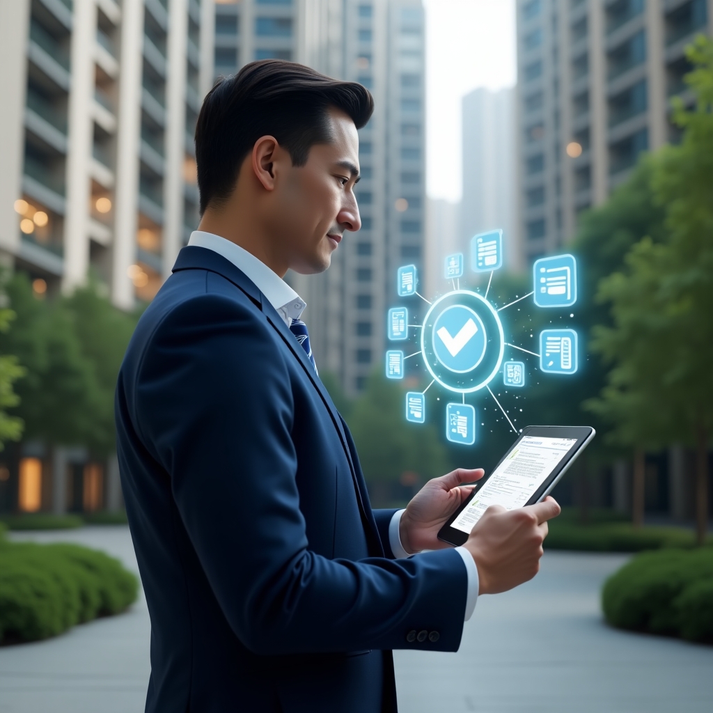 (Ultra-realistic condominium manager in a navy blue executive suit, set in a modern luxury condominium environment with high-rise buildings and manicured greenery, holding a tablet displaying a holographic digital voting interface, confident expression as they review online convention approvals, floating icons of checkmarks and document symbols beside them, cinematic lighting, shallow depth of field, highly detailed textures, realistic skin, photographic realism, 8k resolution --ar 1:1 --v 6)