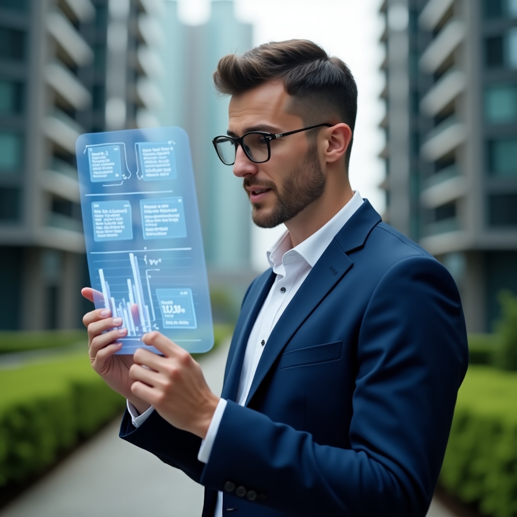 (Ultra-realistic condo manager in a navy blue suit, set in a modern luxury condominium environment with high-rise buildings and green landscaping, reviewing a transparent holographic financial report with detailed charts and graphs, confident and focused expression, cinematic lighting, shallow depth of field, highly detailed textures, realistic skin, photographic realism, 8k resolution --ar 1:1 --v 6)
