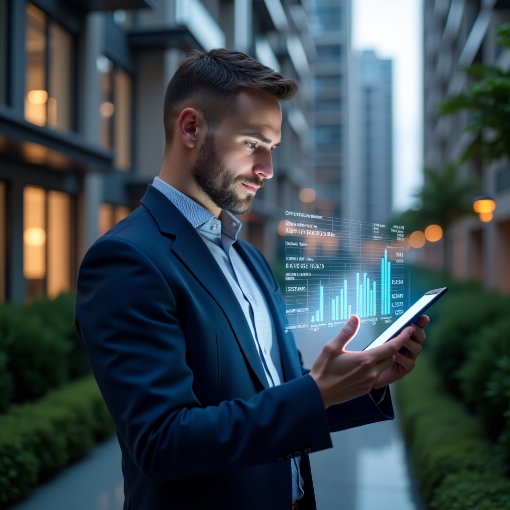 (Ultra-realistic condominium manager in a navy blue suit, set in a modern luxury condominium environment with high-rise buildings and meticulously landscaped gardens, confidently reviewing holographic financial charts projected from a sleek tablet—symbolizing digital accounting and automated reports—cinematic lighting, shallow depth of field, highly detailed textures, realistic skin, photographic realism, 8k resolution --ar 1:1 --v 6)