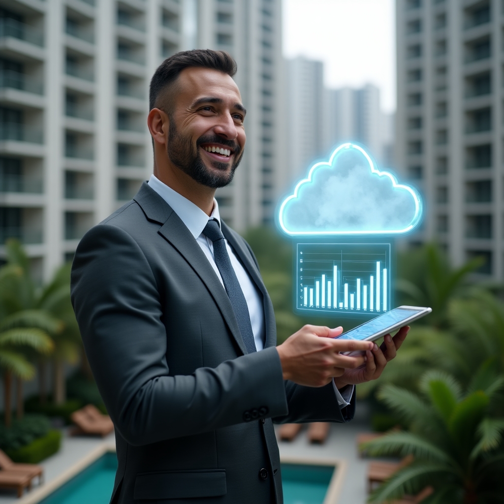 Ultra-realistic condominium manager in a charcoal gray executive suit, set in a modern luxury condominium environment with high-rise buildings and meticulously landscaped greenery, holding a tablet displaying holographic financial charts and a floating cloud icon above it to symbolize digital accounting, confidently smiling and gesturing toward the virtual interface, cinematic lighting, shallow depth of field, highly detailed textures, realistic skin, photographic realism, 8k resolution --ar 1:1 --v 6